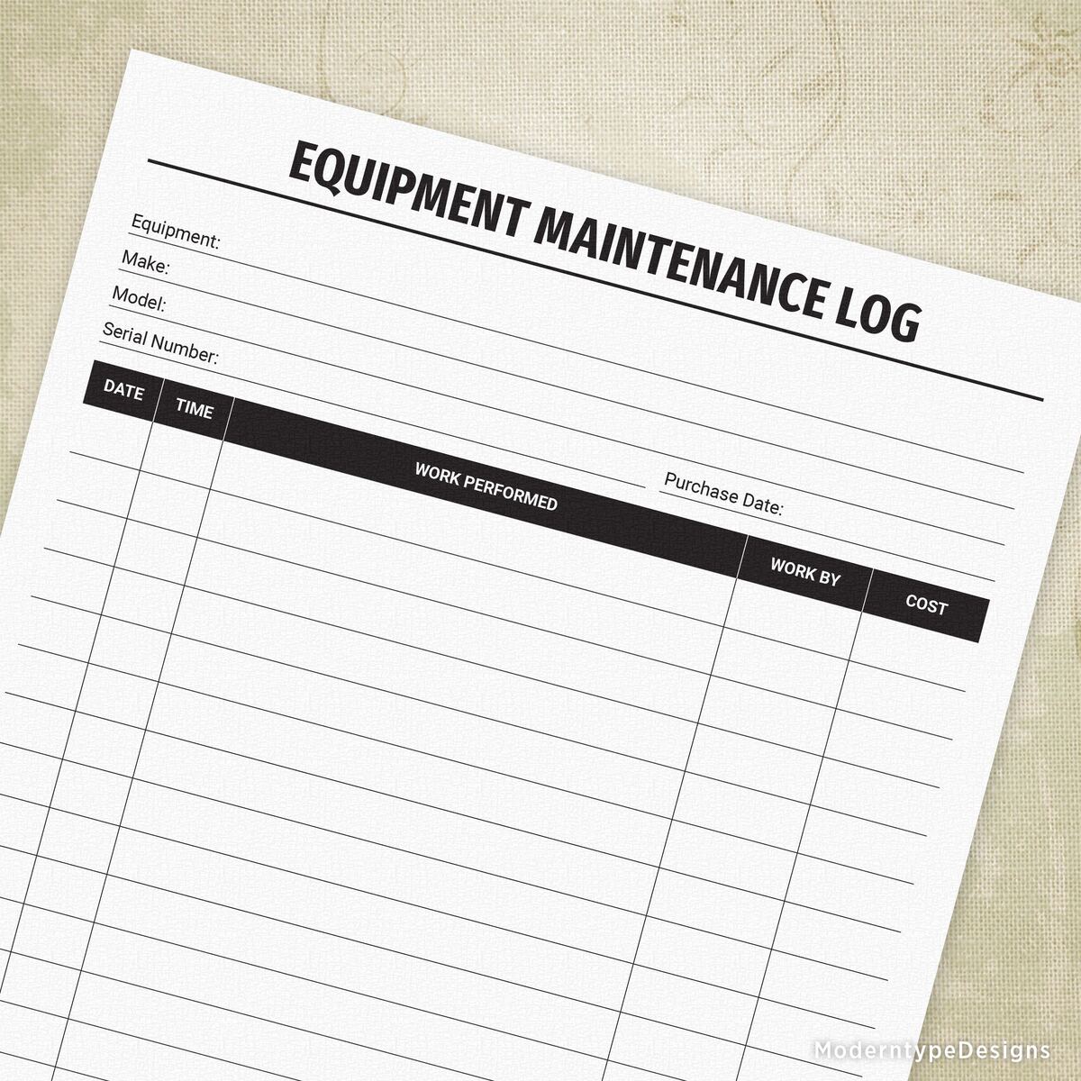 Paper equipment maintenance log sheet with columns for date, time, work performed, technician, and cost