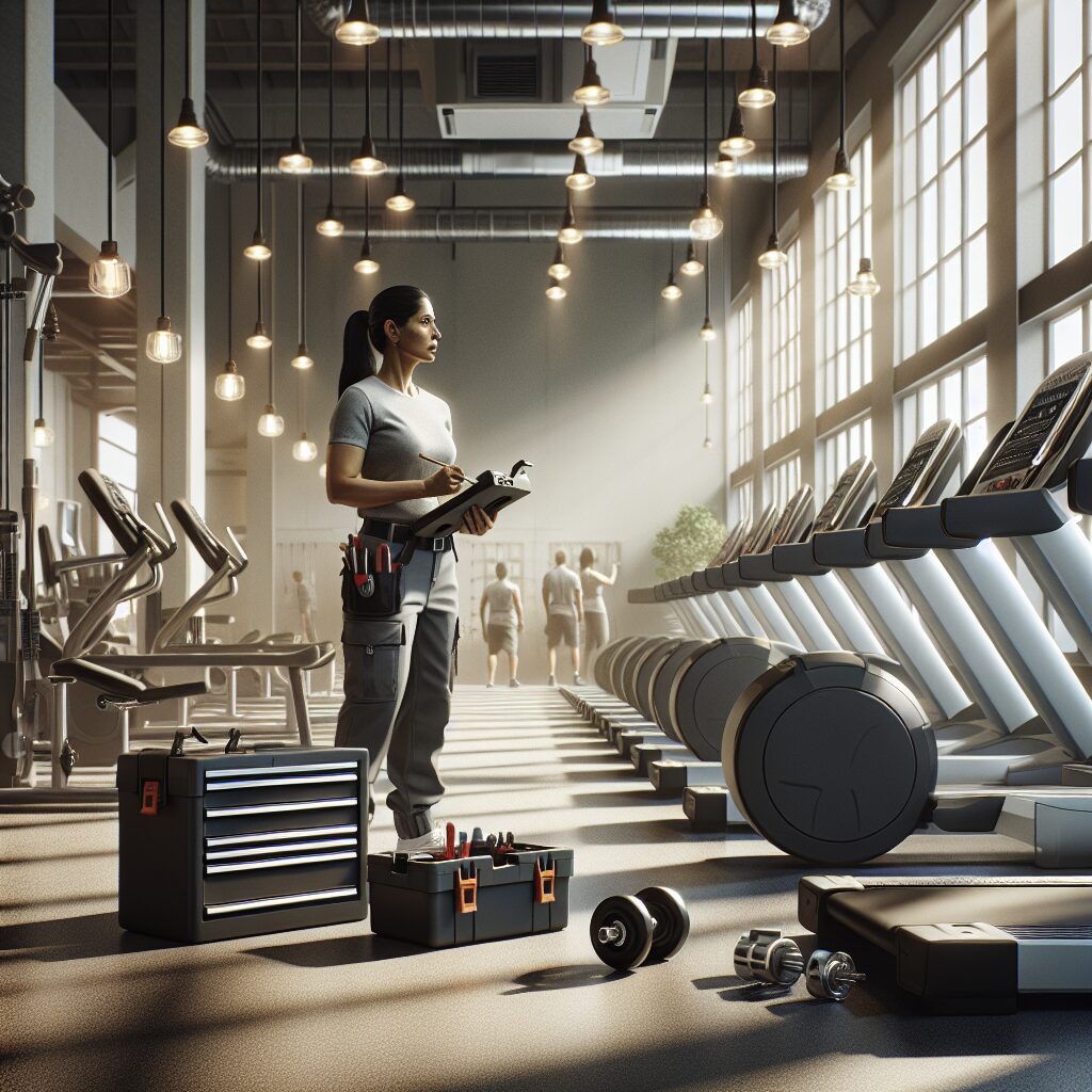 Fitness equipment technician with a tool belt and clipboard inspecting a row of treadmills on a commercial gym floor
