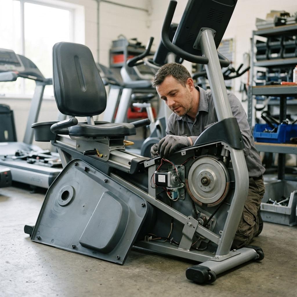 Technician inspecting the servo motor and magnetic brake assembly inside a recumbent exercise bike