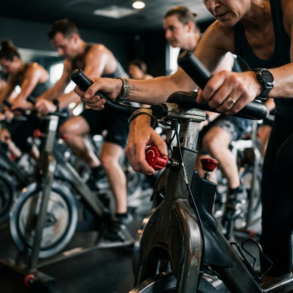Hand turning the resistance tension knob on an indoor cycling bike
