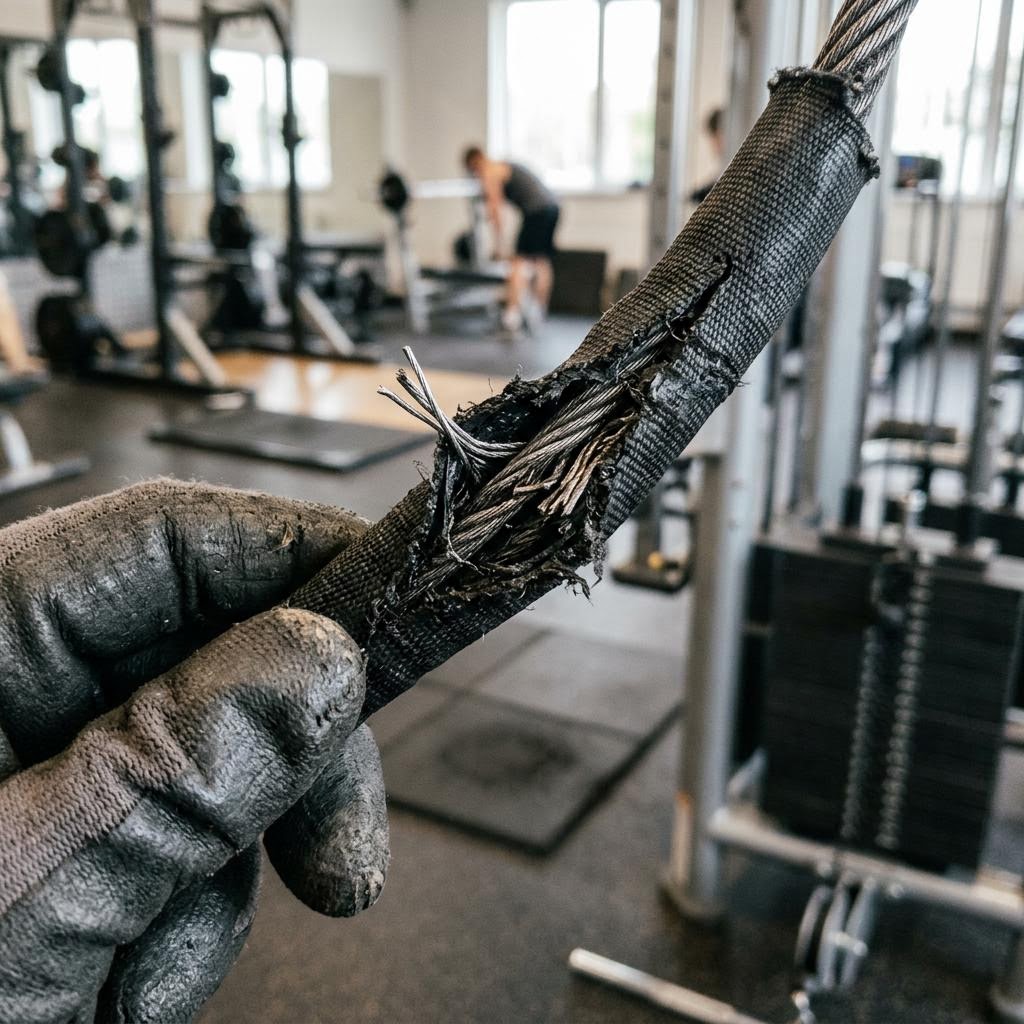 Worn gym machine cable with cracked jacket and a broken steel wire strand poking through