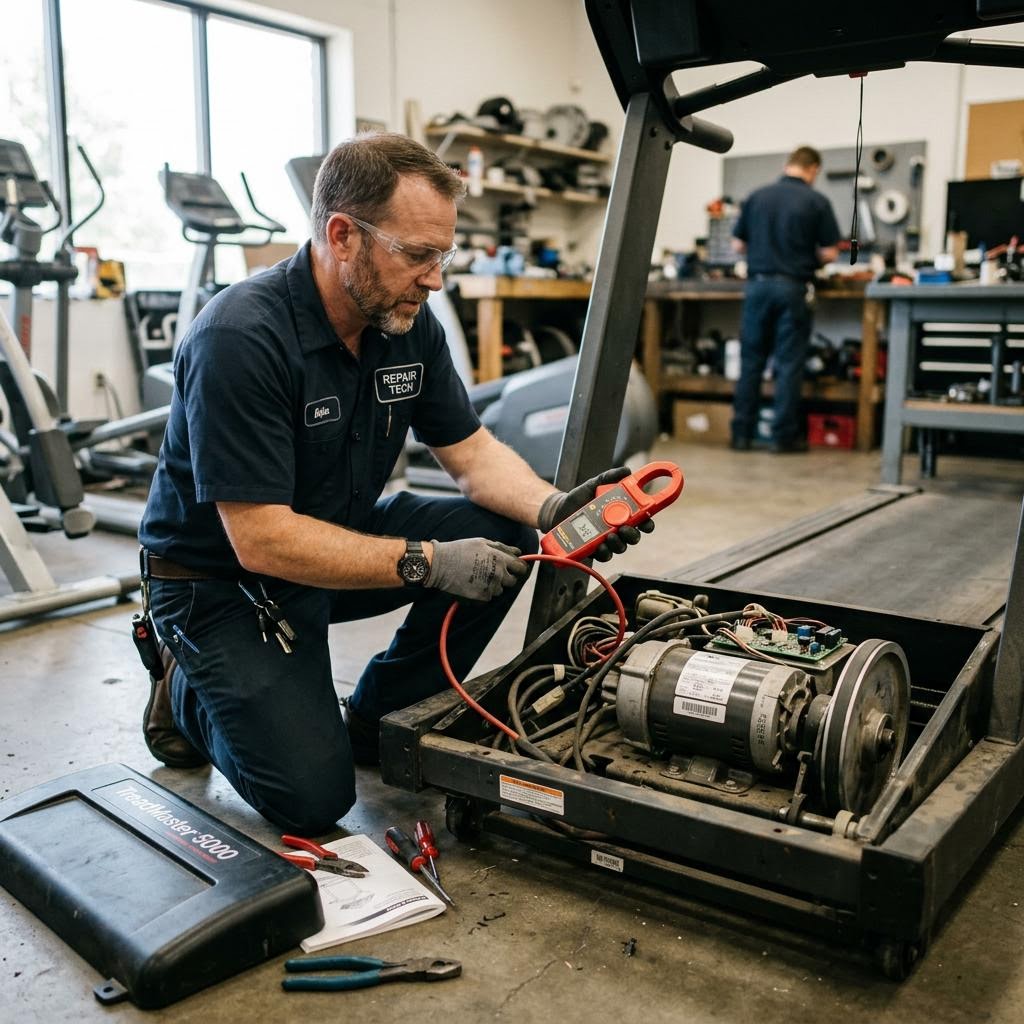 Technician measuring treadmill current draw with a clamp meter at the motor compartment
