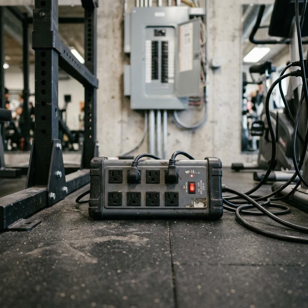 Heavy-duty surge protection unit near gym equipment with an electrical panel in the background
