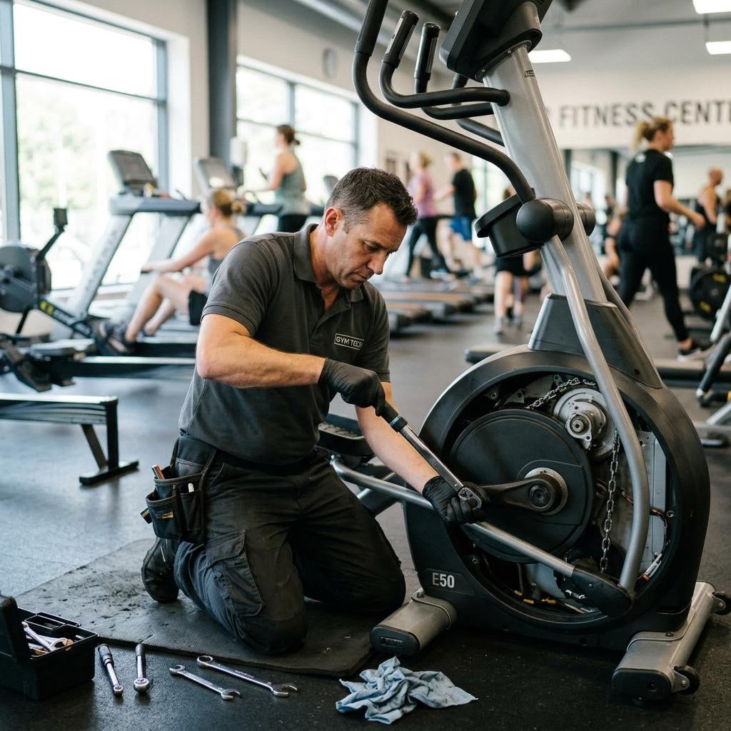Technician torquing the crank arm bolt of a commercial elliptical trainer with a torque wrench