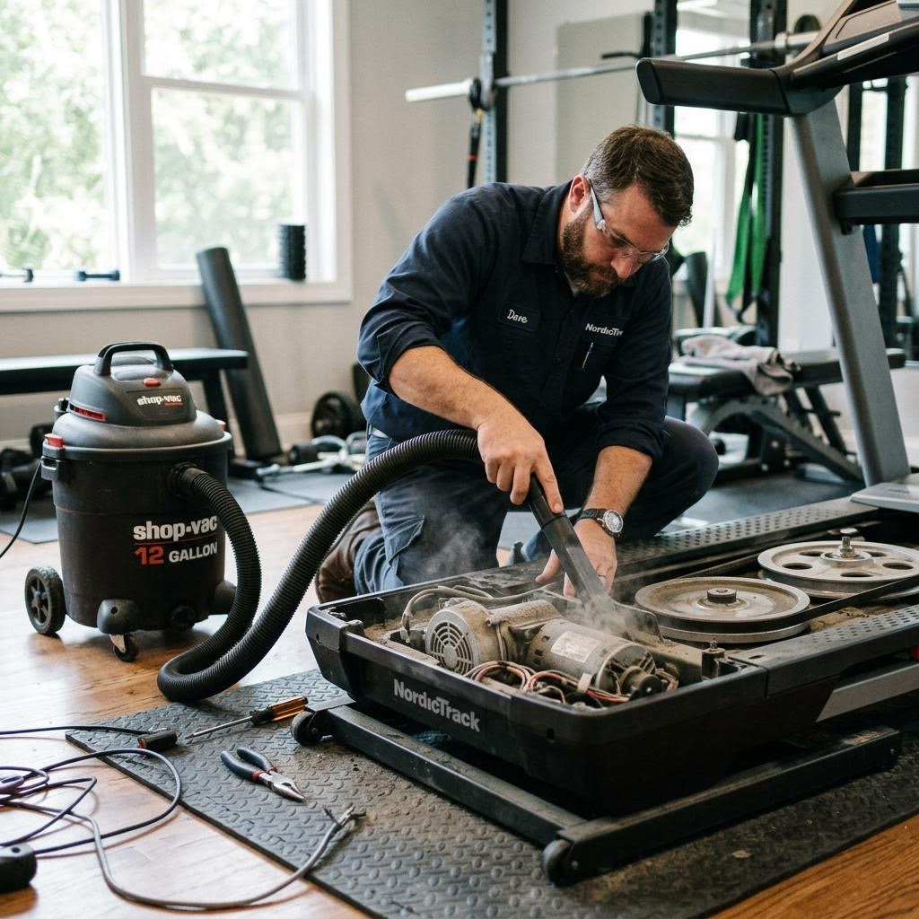 Technician vacuuming dust from an opened treadmill motor compartment