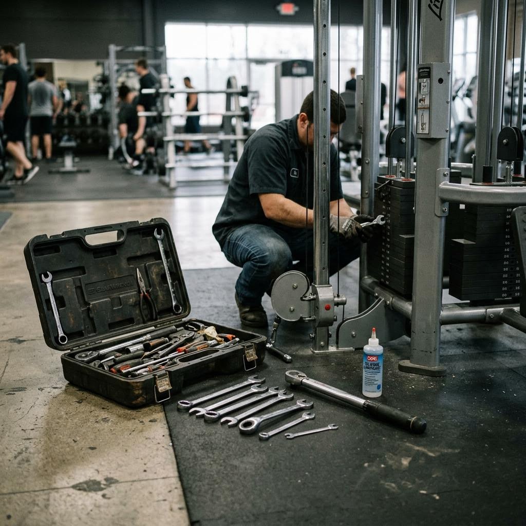 Open toolbox with wrenches, torque wrench and silicone lubricant beside a gym strength machine