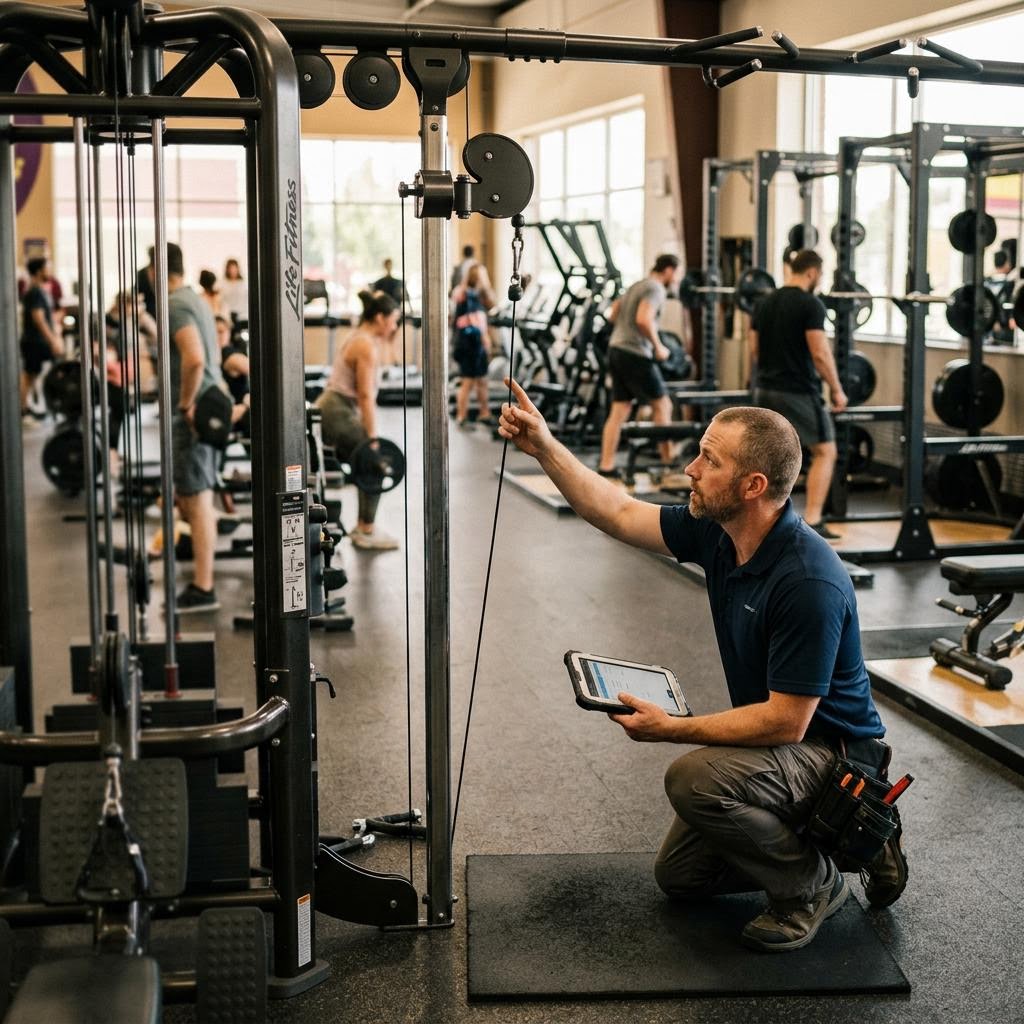 Inspector with a tablet examining the cable and pulley system of a lat pulldown machine