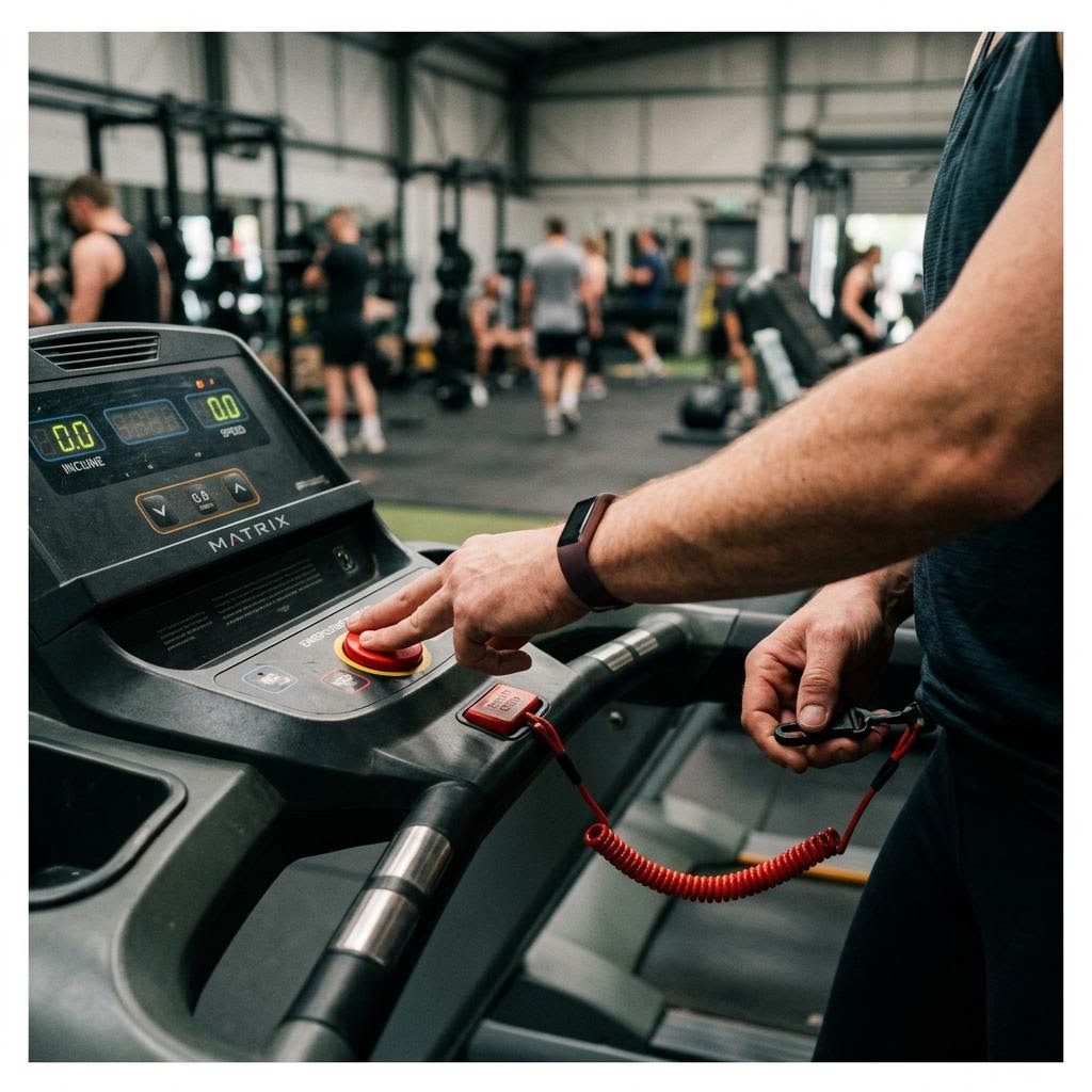 Hands testing a treadmill safety key and emergency stop lanyard