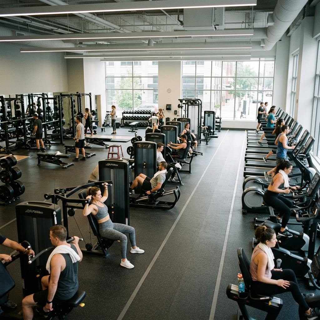 Clean, orderly commercial gym floor with strength machines and cardio equipment