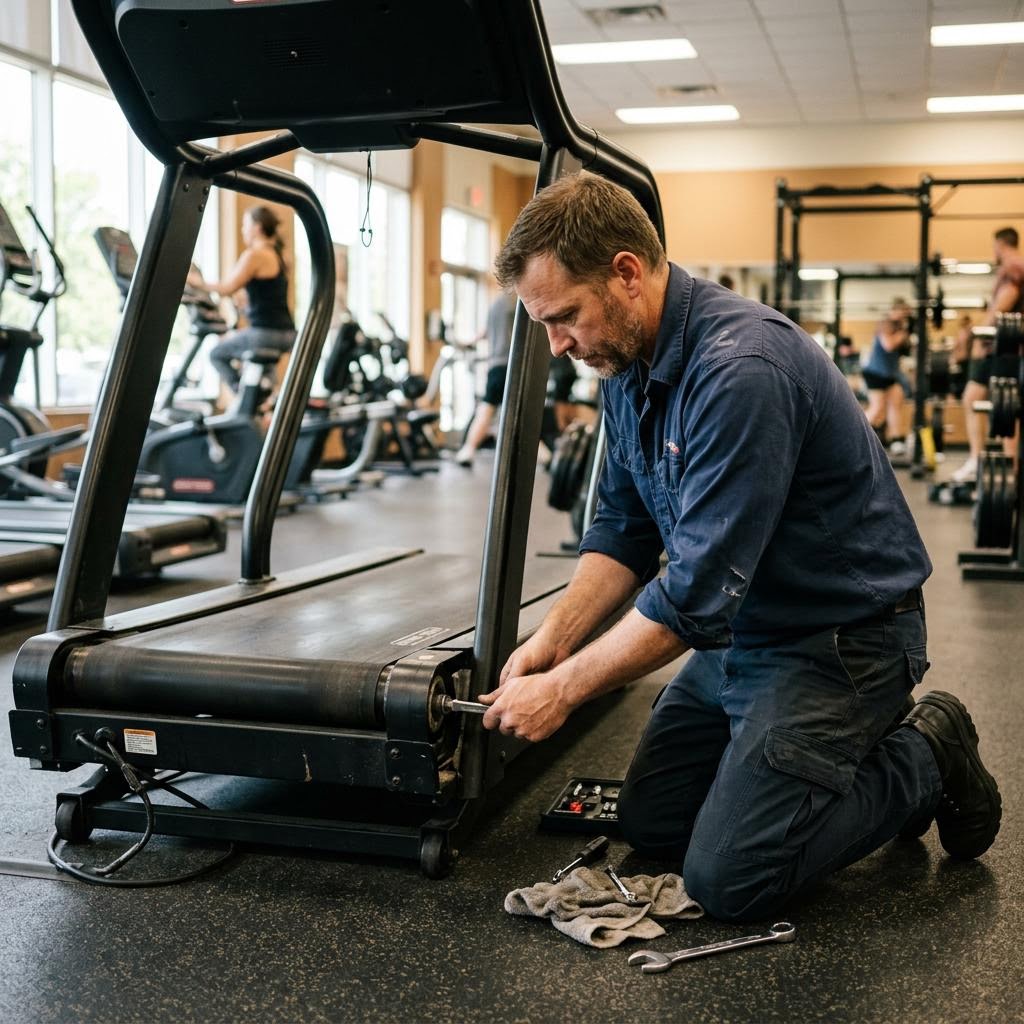 Technician adjusting the rear roller tension bolt of a commercial treadmill with an Allen wrench