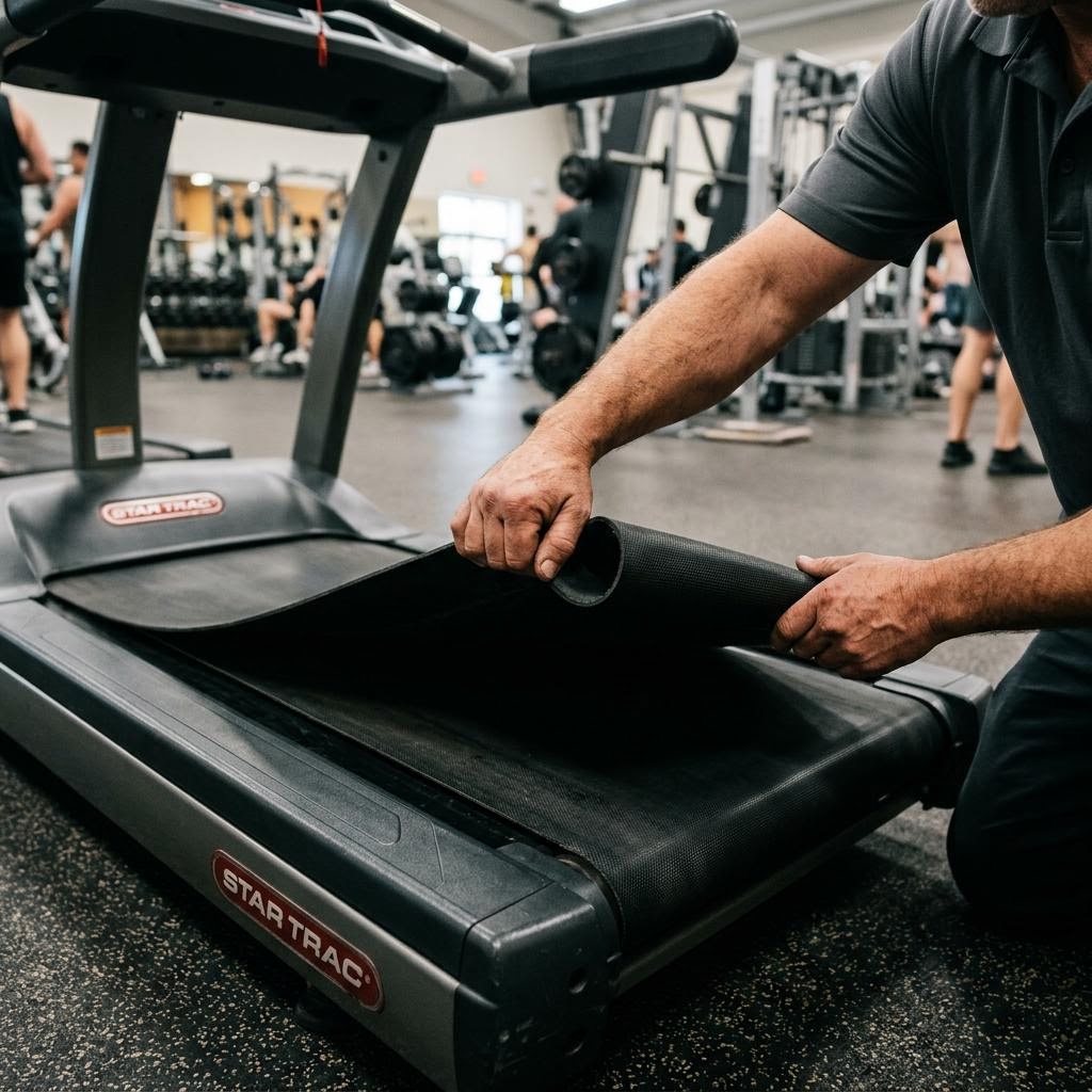 Hands lifting the edge of a treadmill walking belt off the deck to check belt tension