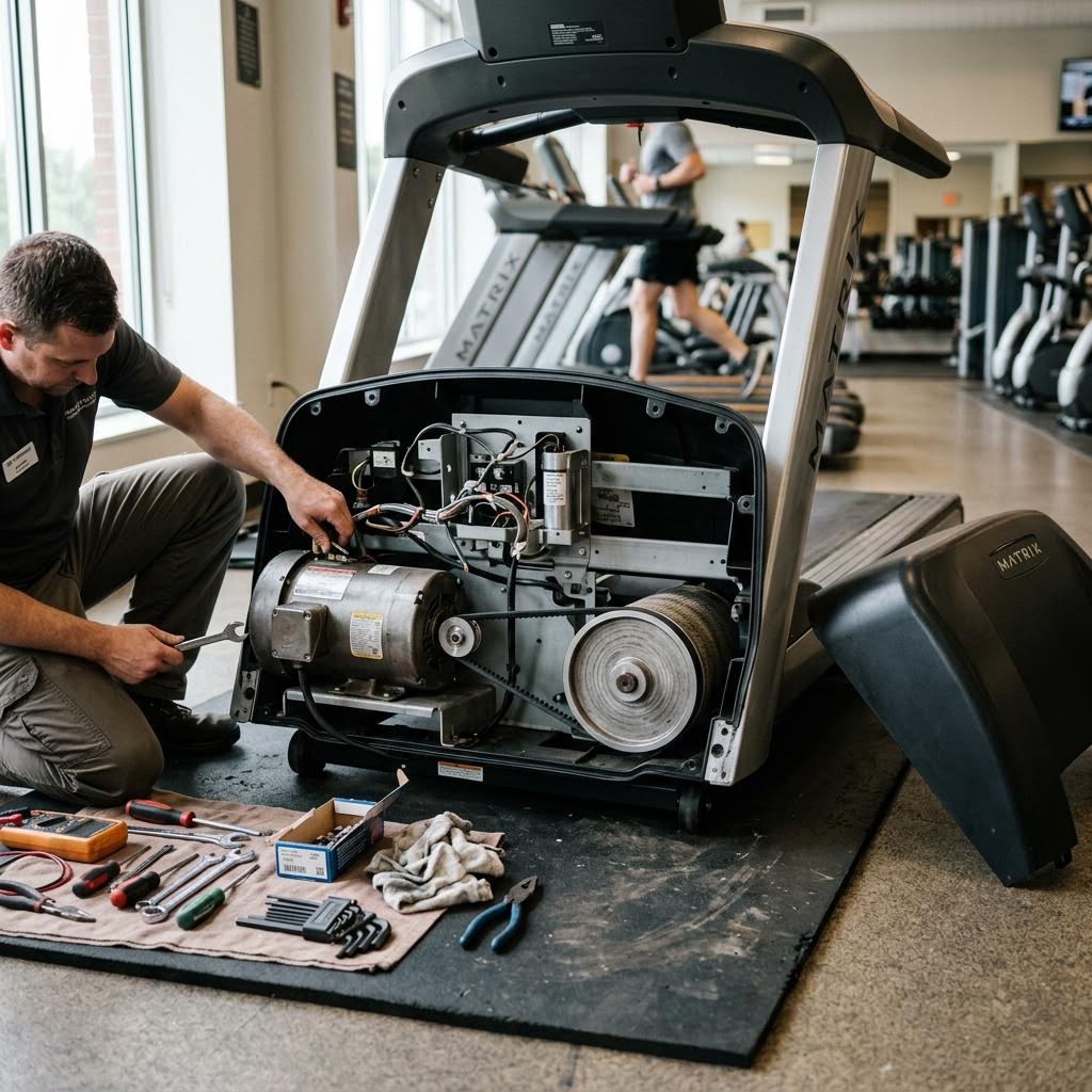 Commercial treadmill with the motor hood removed, exposing the drive motor, drive belt and front roller