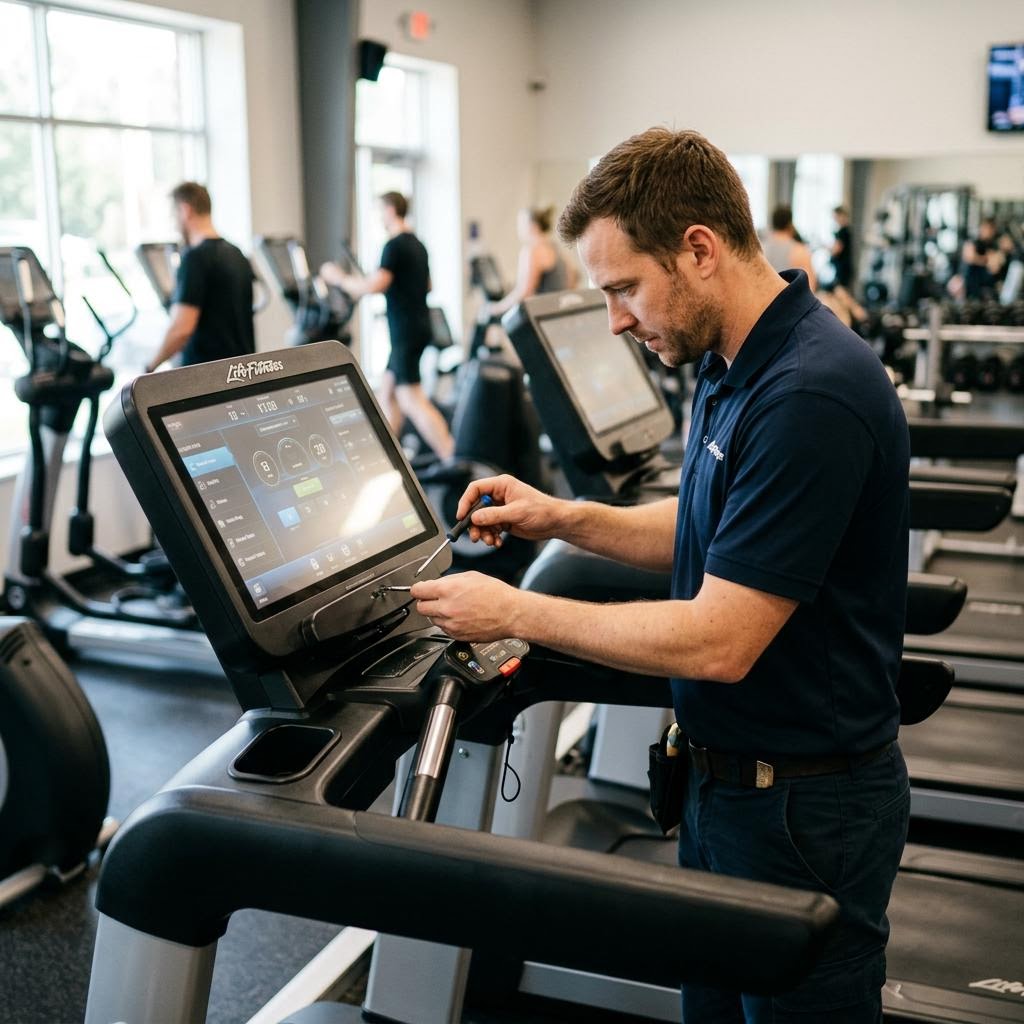 Fitness equipment technician examining a commercial treadmill console during diagnosis