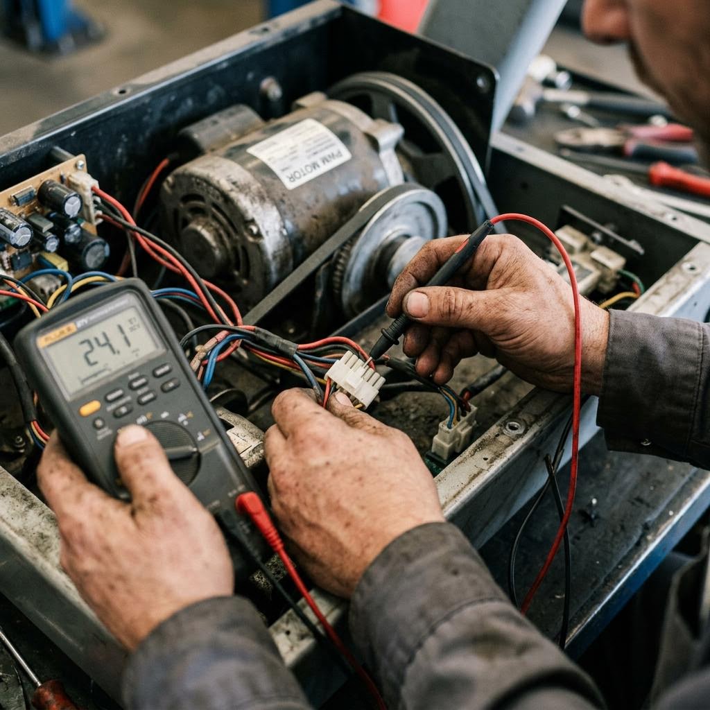 Technician testing treadmill wiring connectors with a digital multimeter inside the motor compartment