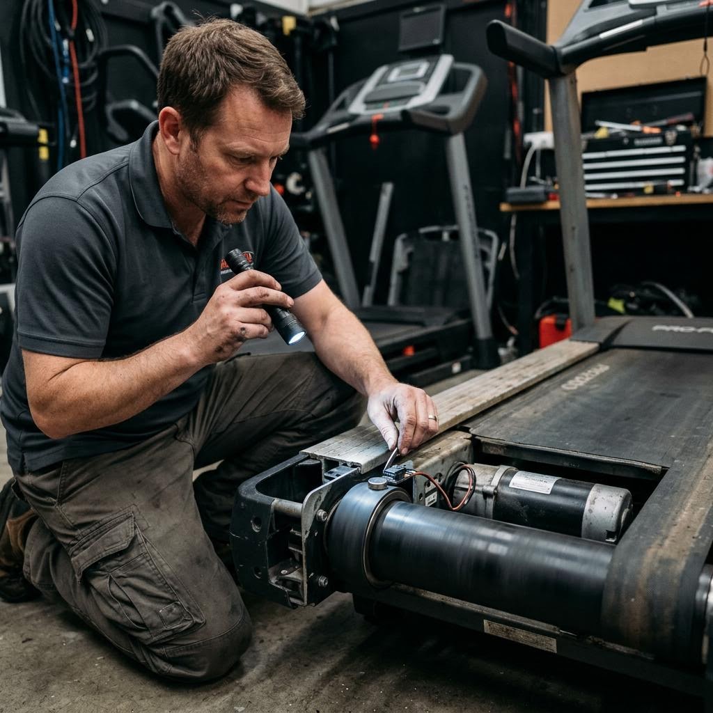 Technician inspecting the speed sensor and roller magnet beside a treadmill front roller
