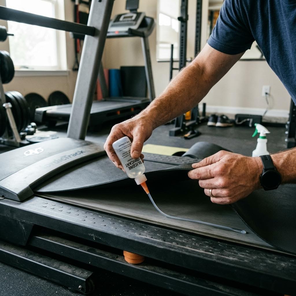 Applying a bead of silicone treadmill lubricant under a lifted walking belt edge