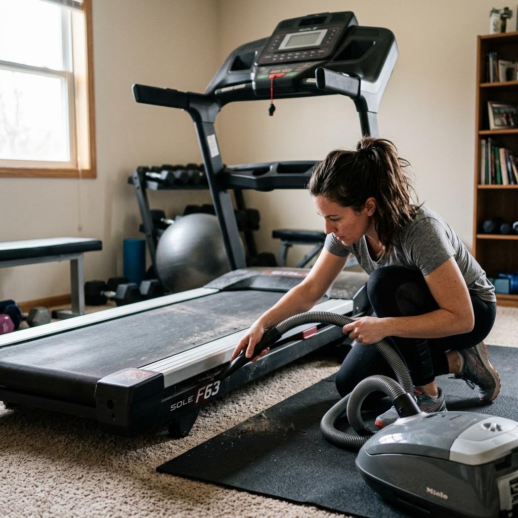 Vacuuming debris from under the edge of a treadmill walking belt with a crevice tool