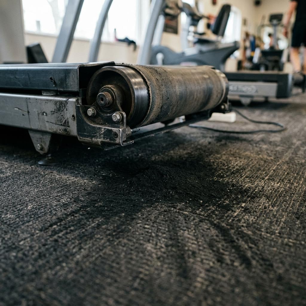 Black belt dust accumulated under the rear roller of a treadmill, a sign of a dry deck